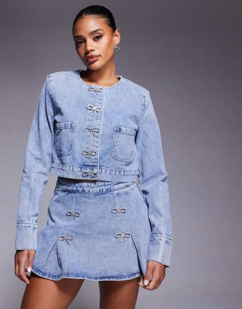 River Island embellished bow denim jacket co-ord in light wash blue - view 1