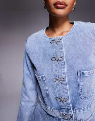 River Island Embellished Bow Denim Jacket In Blue