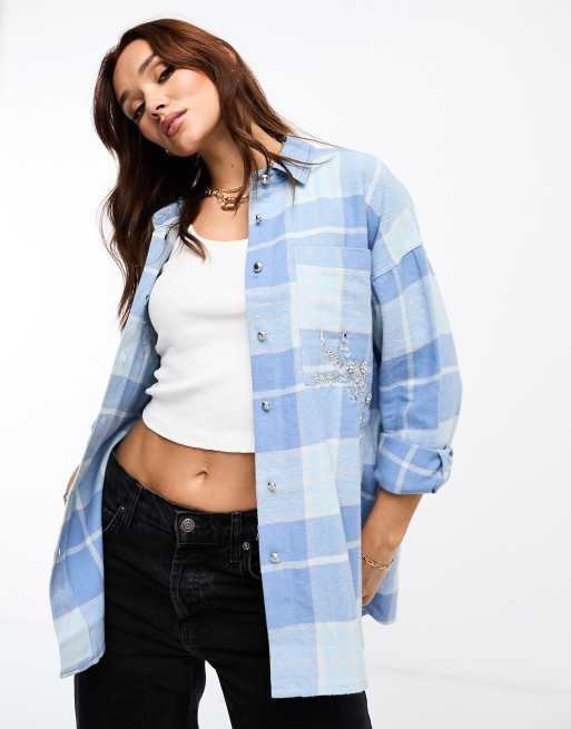 River Island Embellished Check Shacket in Blue | ASOS