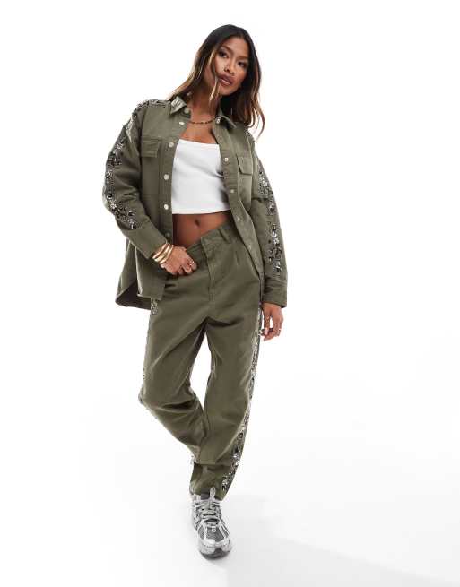 River Island embellished chino pants in khaki (part of a set)