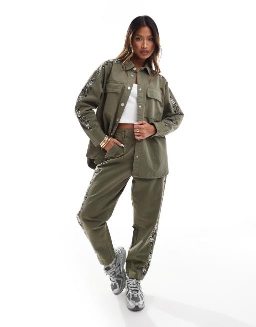 River Island embellished chino pants in khaki (part of a set)
