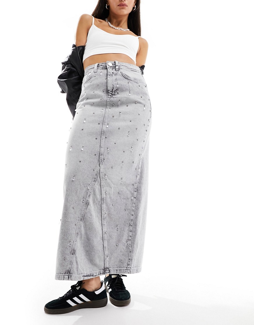 River Island embellished denim maxi skirt in light grey