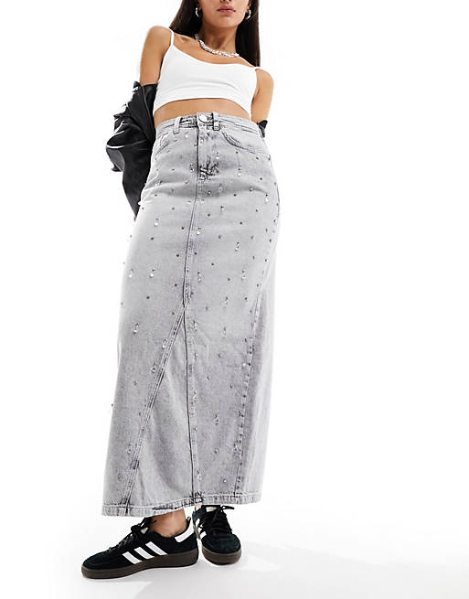 River Island embellished denim maxi skirt in light grey | ASOS
