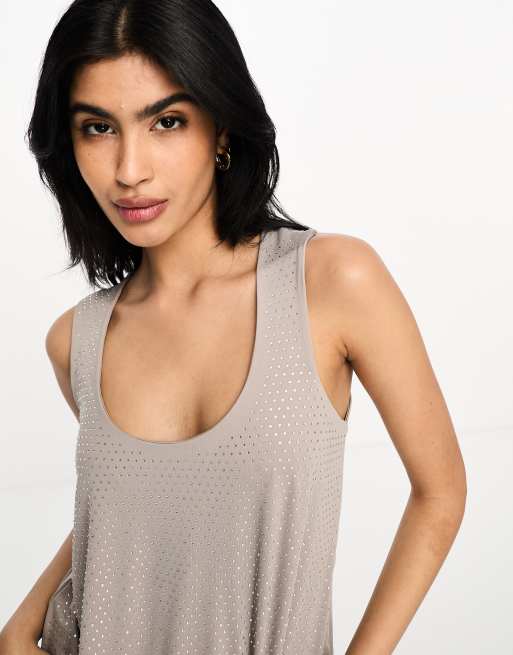 River Island embellished diamante detail tank top in beige