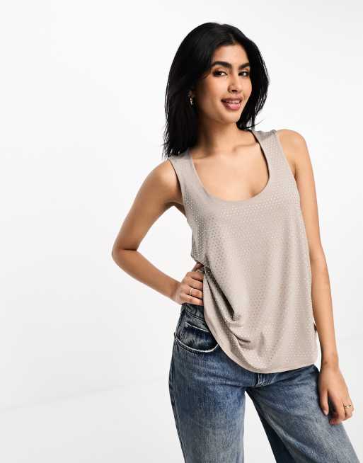 River Island embellished diamante detail vest in beige, 3 of 4