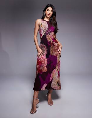embellished floral print maxi dress in dark red
