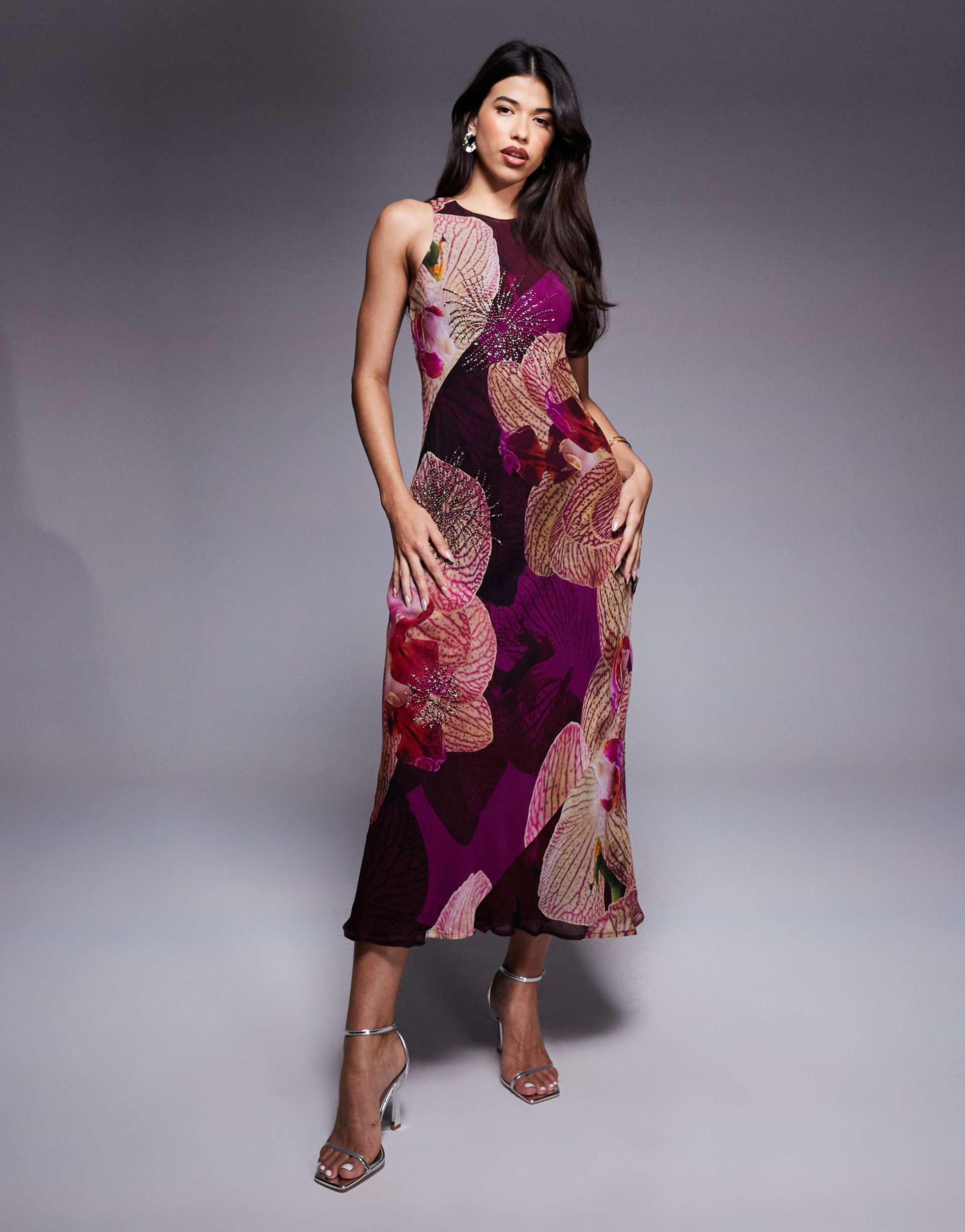 river island embellished floral print maxi dress in dark red