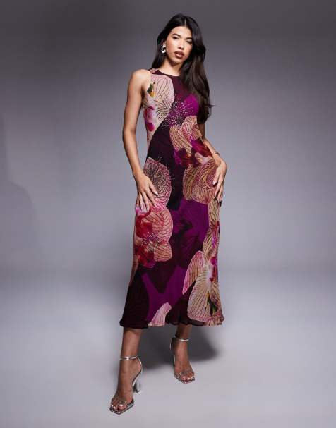 River Island embellished floral print maxi dress in dark red