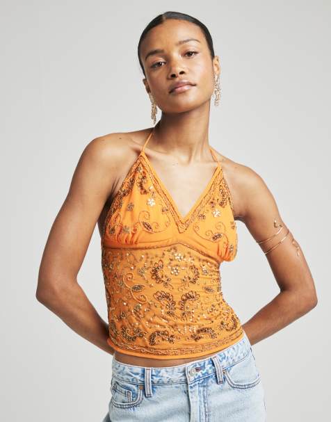 River Island embellished halterneck cami top in orange - view 1