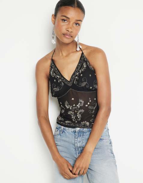 River Island embellished halterneck top in black - view 1