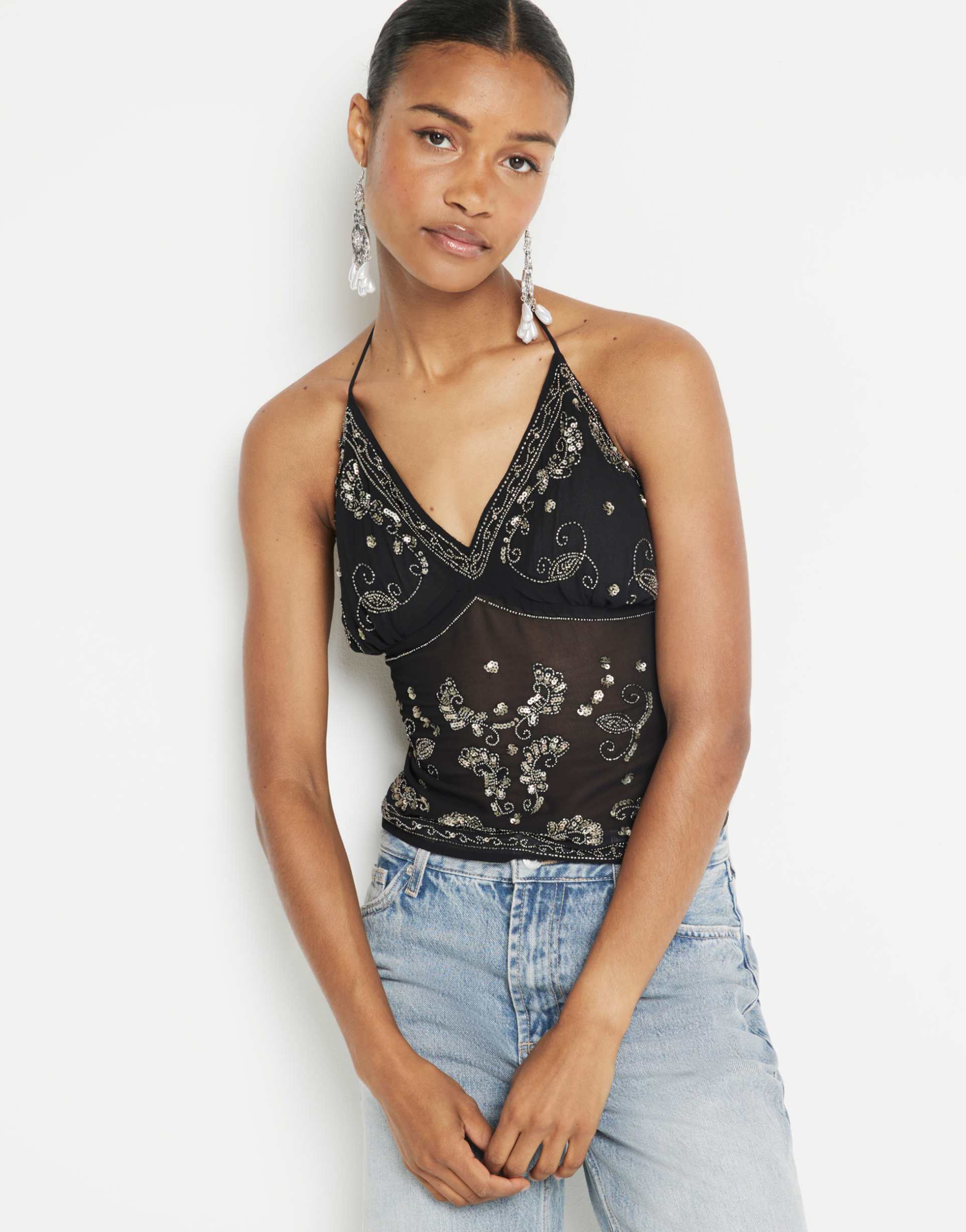 river island embellished halterneck top in black