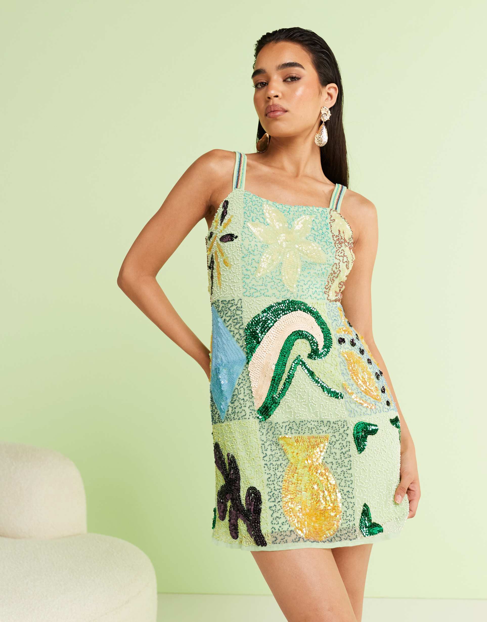 river island embellished mini shift dress in green