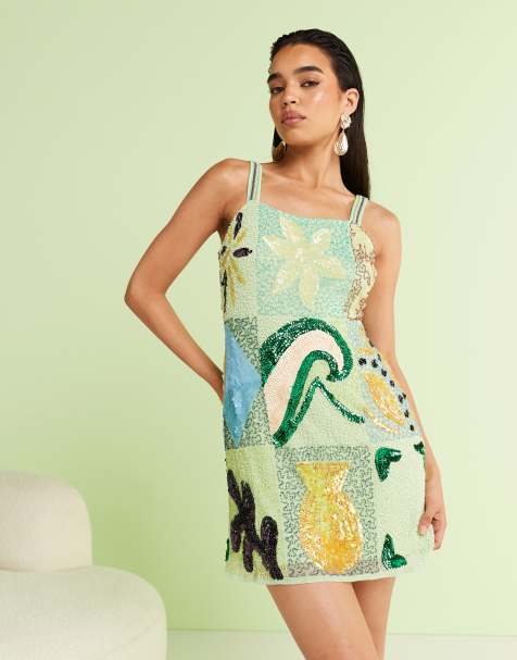 River Island embellished mini shift dress in green