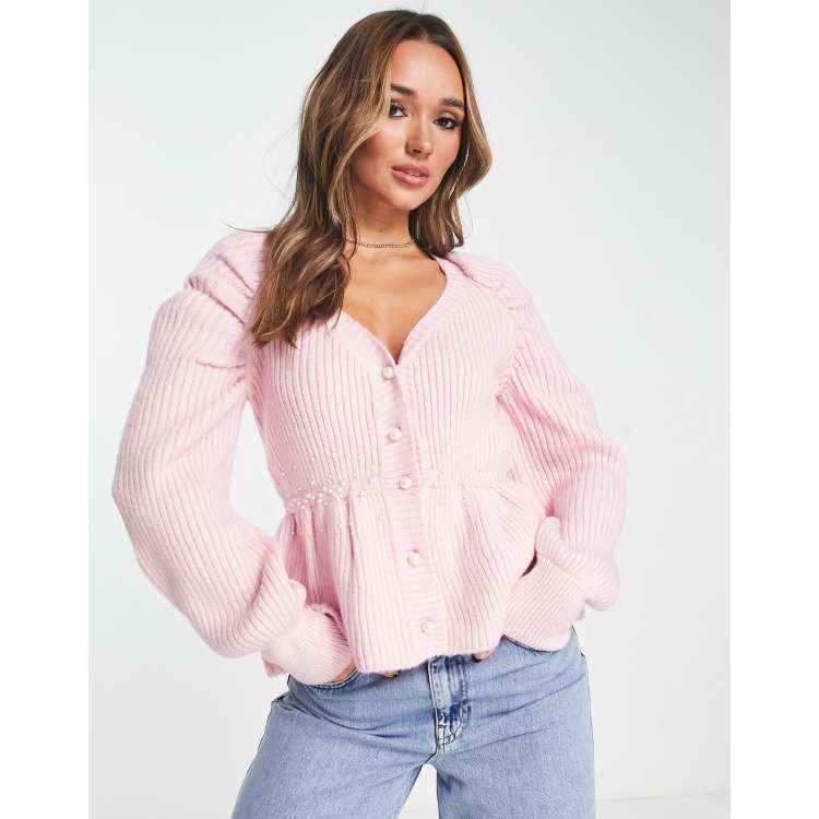 River Island embellished peplum cardigan in pink | ASOS