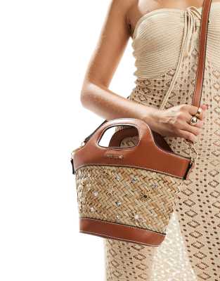 River Island embellished raffia basket bag in light brown