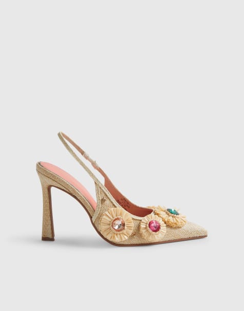 River Island Embellished raffia flower court heels in beige - view 1
