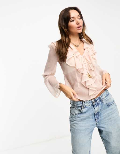 Pink ruffle blouse store long sleeve