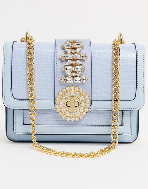 River Island embellished satchel with gold chain in light blue