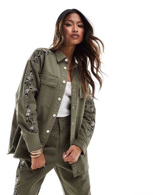 River Island embellished shirt co ord in khaki ASOS