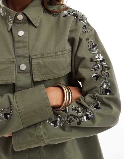 River Island embellished shirt co-ord in khaki ASOS