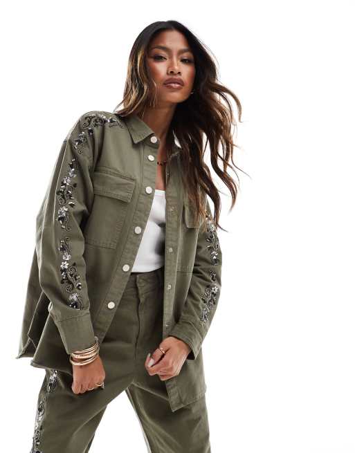 River Island embellished shirt in khaki (part of a set)