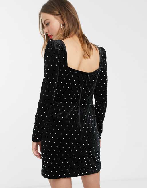 River Island embellished square neck mini dress with puff sleeves in black, 2 of 4
