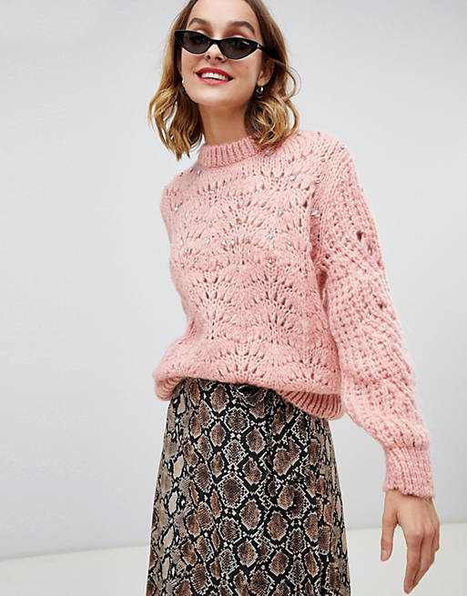 River Island embellished stitch sweater in pink