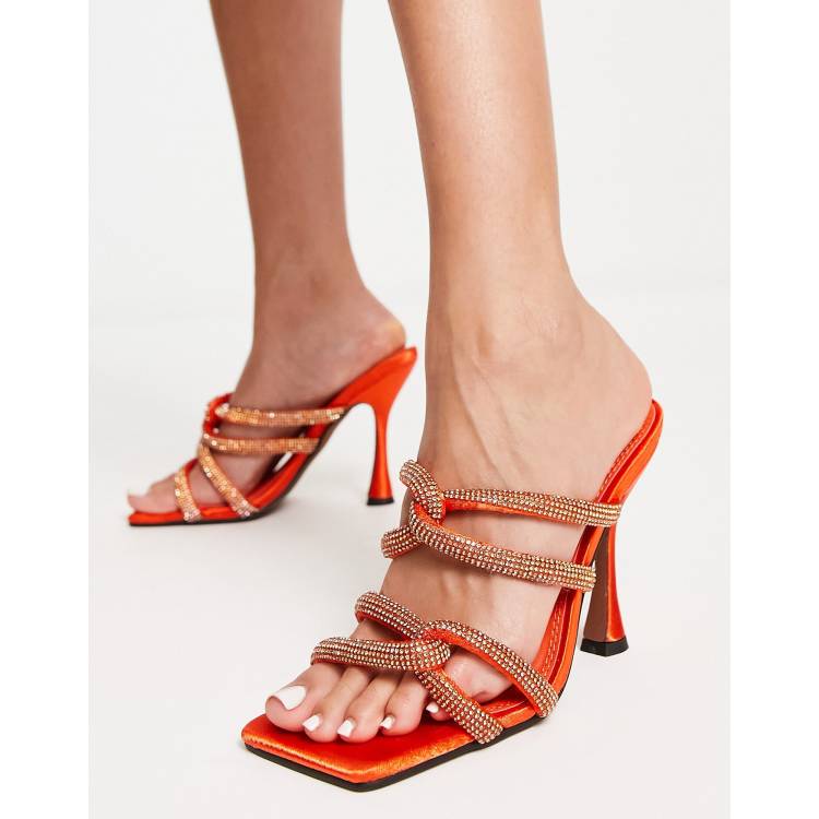 River Island embellished strappy square toe heeled mule in orange