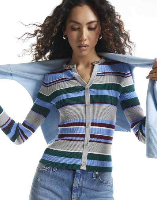 River Island Embellished stripe knit top in blue, 3 of 4