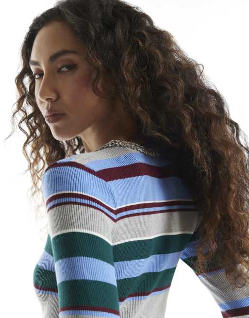 River Island Embellished stripe knit top in blue, 4 of 4