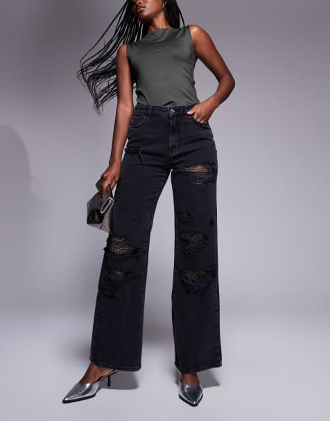 River Island embellished super distressed straight leg jeans in black - view 1