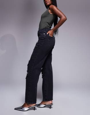 RIVER ISLAND EMBELLISHED SUPER DISTRESSED STRAIGHT LEG JEANS 