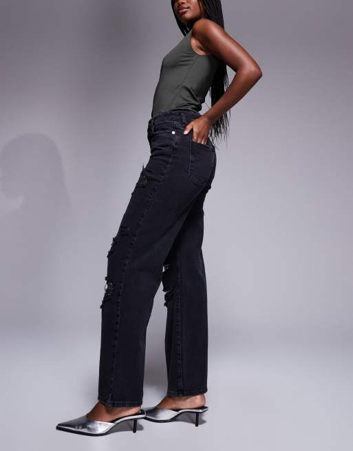 River Island embellished super distressed straight leg jeans in