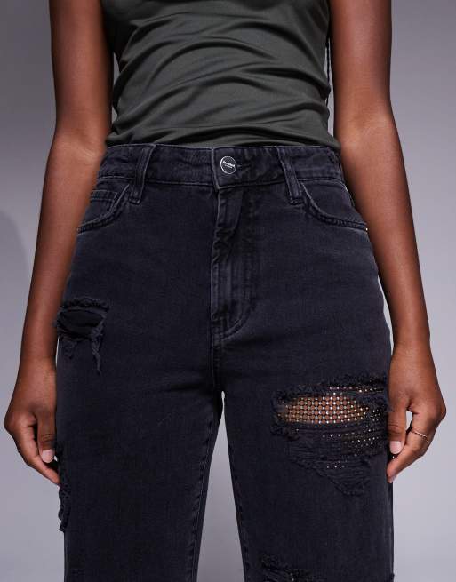 River Island embellished super distressed straight leg jeans in