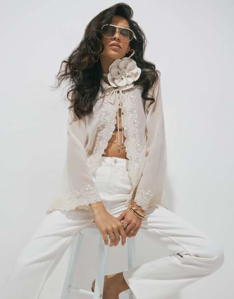 River Island Embellished tie neck sheer blouse in cream - view 1