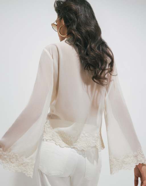 River Island Embellished tie neck sheer blouse in cream, 4 of 4