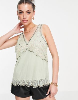 River Island embellished vest top in green - ASOS Price Checker