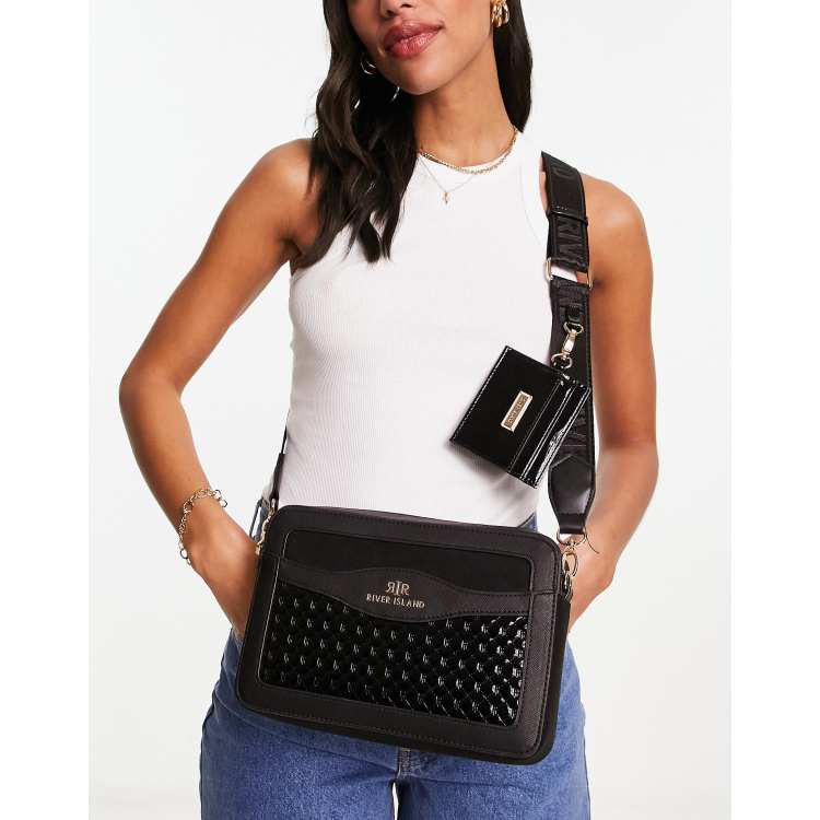 River Island embossed boxy cross body bag in black