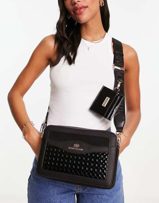 Black croc embossed discount boxy cross body bag