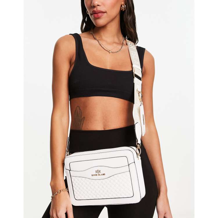 White RI monogram embossed cross body bag