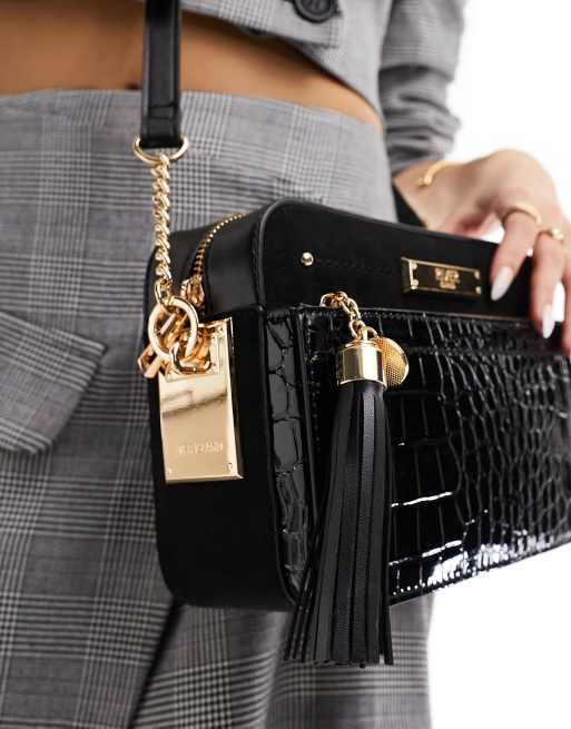 Black croc embossed store boxy cross body bag