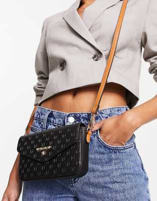 River Island embossed envelope cross body bag with contrast strap in black - ASOS Price Checker