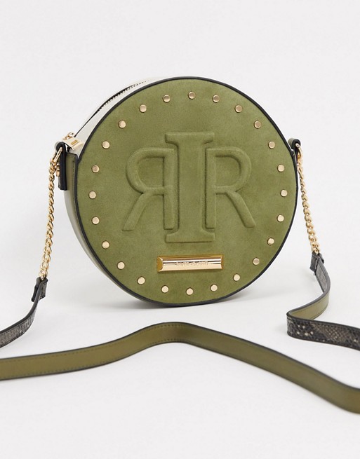 River Island embossed logo circular crossbody bag in khaki