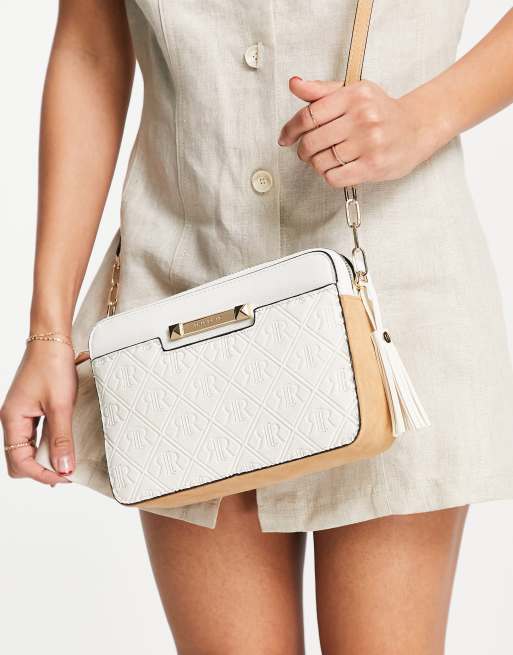 River Island embossed monogram boxy crossbody bag in white