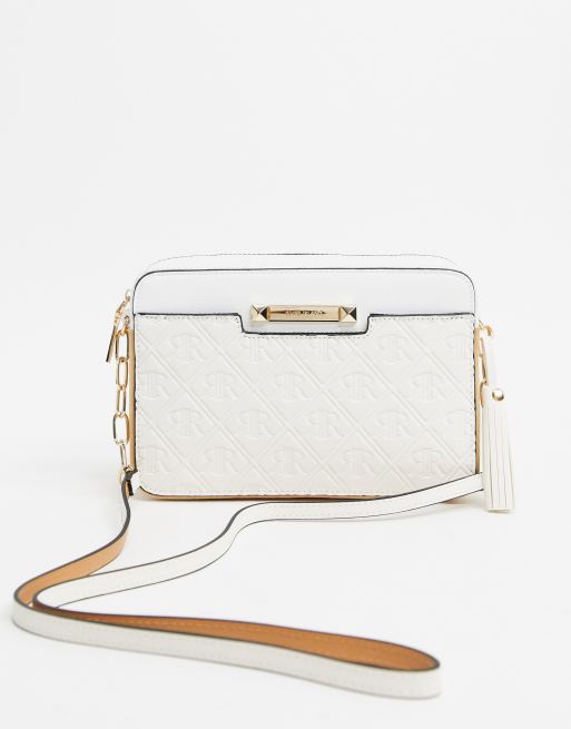 River Island embossed monogram boxy crossbody in white | ASOS