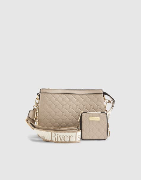 River Island Embossed monogram chain cross body bag in beige - view 1