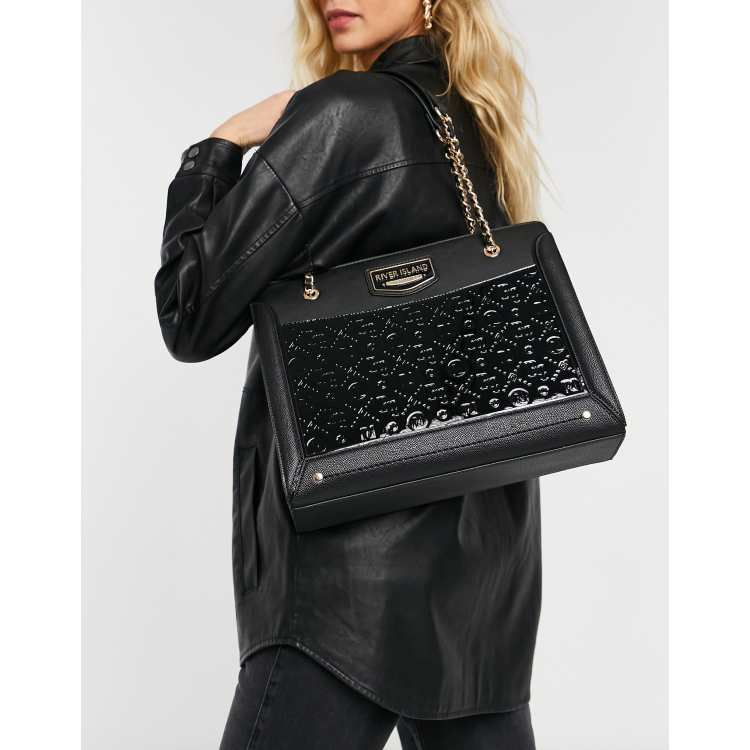 River Island embossed monogram chain handle tote bag in black