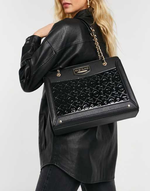 River Island embossed monogram chain handle tote bag in black