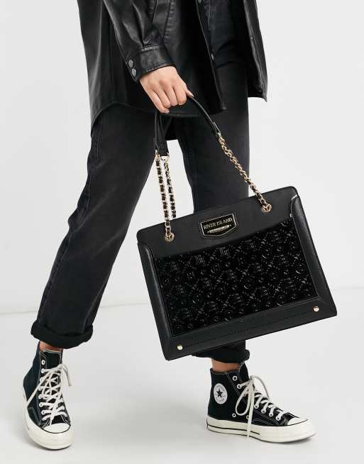 River Island Black Winged Chain Handle Tote Bag