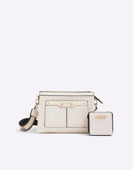 River Island Embossed monogram cross body bag in cream